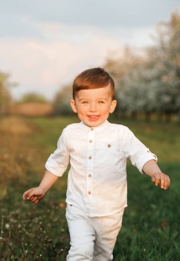 Mutlu küçük çocuk Bahar bahçesinde yürüyor.