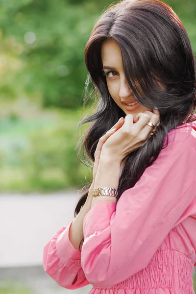 Closeup Portrait Brunette Wavy Hair Wearing Pink Dress Park — Stock Photo, Image