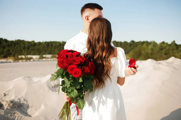 Photo Happy Man Making Proposal His Beloved Woman Ring Gift — Stok fotoğraf