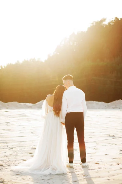 Newlyweds Love Holding Hands Sunset Back View — Stockfoto
