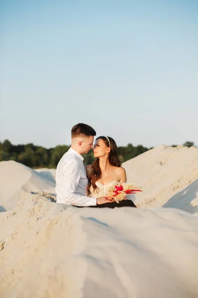 Newlyweds Hugging Sitting Sand Background Forest — Stock fotografie