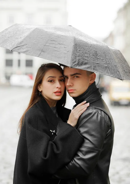 Sweet Couple Boy Girl Hugging Umbrella Rain Concept Love Romance —  Fotos de Stock