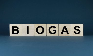 Biyogaz yakıtı. Küpler biyogaz kelimesini oluşturur. Organik ve çevre dostu yakıt kavramı