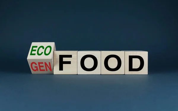エコフードまたは一般食品 キューブは言葉を形成しますエコ食品やジェン食品 危険または安全な食品の選択の概念 — ストック写真