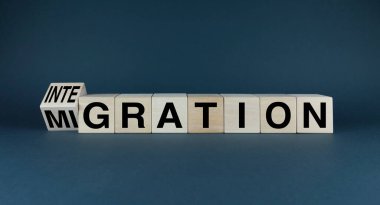 Integration or migration. Cubes form words Integration or migration. Concept of business and social problems