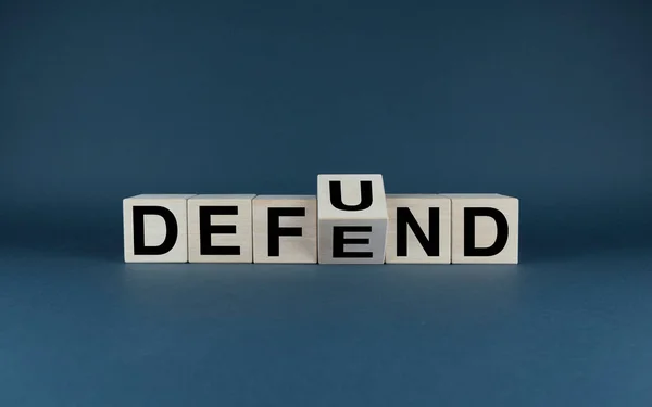 Лишение Средств Защита Кубики Образуют Слова Defund Defend Концепция Дефинансирования — стоковое фото