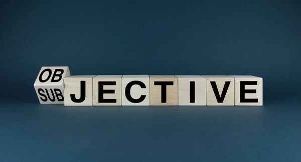 Objective Subjective Cubes Form Words Objective Subjective Concept Information Business — Zdjęcie stockowe