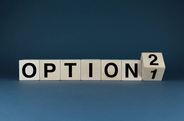Вариант 1 или 2. Кубики формируют слова выбора Вариант 1 или Вариант 2. Бизнес-стратегии и выбор лучшего решения