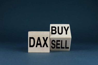 Dax al ya da sat. Küpler, Dax 'in alıp sattığı kelimeleri oluşturuyor. İş Konsepti Dax al ya da sat