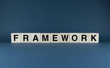 Framework. Cubes form the word Framework. Concept of technology framework and business