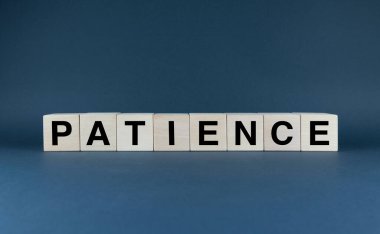 Patience. Cubes form the word Patience. An extensive concept of the word Patience used in various areas of business and life