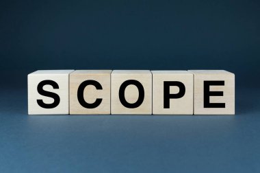 Scope. Cubes form the word Scope. An extensive concept of the word Scope used both in business and life