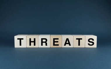 Threats. Cubes form the word Threats. An extensive concept of the word Threats used in different areas of life