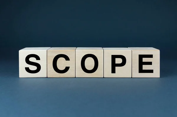 Scope Cubes Form Word Scope Extensive Concept Word Scope Used — Zdjęcie stockowe