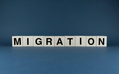Migration. Cubes form the word Migration. The concept of the word Migration