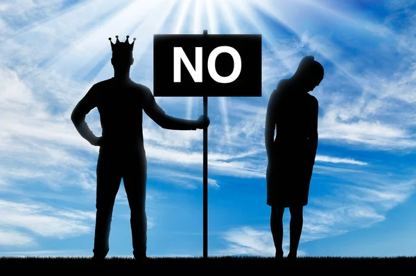 Selfishness. Selfish male boss with a crown, holding a poster with the word no and a distressed woman nearby. The concept of egoism and arrogance in business and life. Silhouette