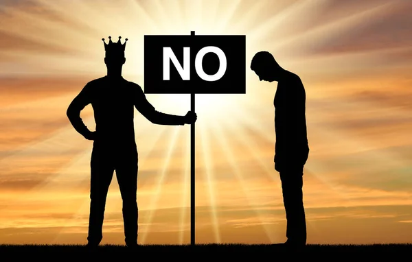 Selfishness. Selfish male boss with a crown, holding a poster with the word no and an upset employee nearby. The concept of egoism and arrogance in business and life. Silhouette