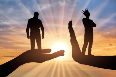 Bencillik. Dilenci elinde sıkıntılı bir adam ve elinde bir taç olan kibirli bir adam. Bencillik ve uzlaşma eksikliği kavramı. Siluet