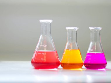 Erlenmeyer ya da konik matara göğüs laboratuarında, titre deneyinden renkli çözücü ile birlikte. Asitlik ve alkalite parametresi, atık su örneğinde bileşik asit baz analizi..