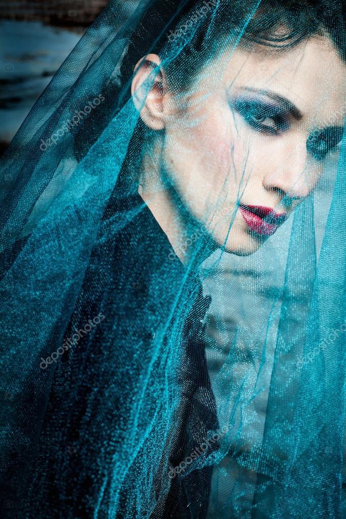 Beautiful Woman Under Blue Veil Stock Photo C Kasimovafotoss
