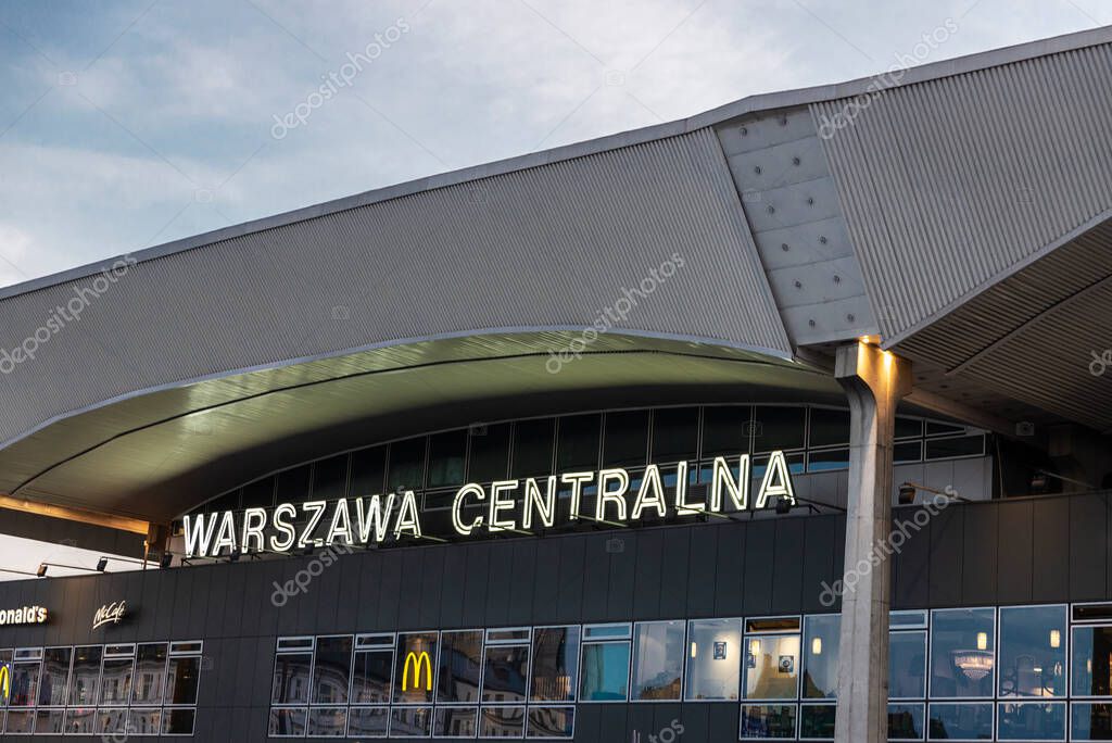 Warsaw, Poland - September 2, 2018: Facade of the Warszawa Centralna or Warsaw Central, railway station in Warsaw, Poland