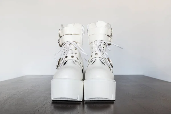 Modern White Platform Boots Buckles Laces Plastic Thick Sole — Stockfoto