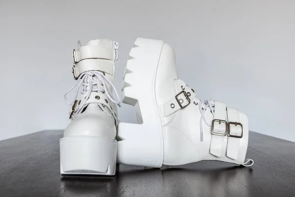 Modern White Platform Boots Buckles Laces Plastic Thick Sole — Stockfoto