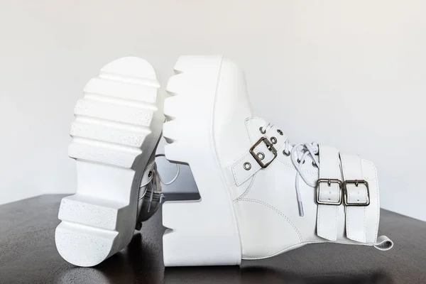 Modern White Platform Boots Buckles Laces Plastic Thick Sole — Stockfoto