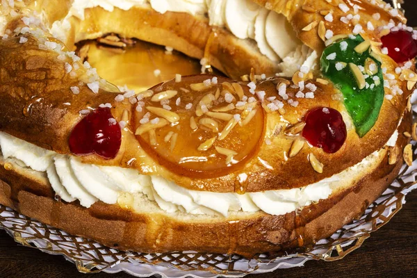 Tortell de reis or king cake is a typical cake of Catalan and Occitan cuisine in the form of a ring or hoop, made of brioche dough, puff pastry and filled with various ingredients such as marzipan, cream, jam, angel hair, Catalonia, Spain