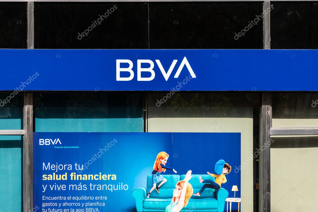 Barcelona, Spain - February 24, 2022: Facade and logo of the Banco Bilbao Vizcaya Argentaria or BBVA in Barcelona, Catalonia, Spain