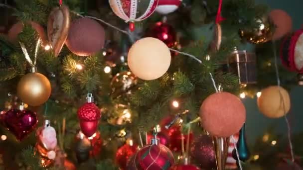 Ağaçta Noel oyuncakları, koniler, böğürtlenler. Dekorasyonlar — Stok video