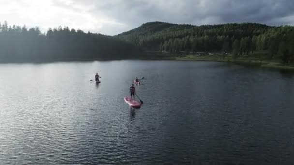 Люди плавают на байдарках по кристально чистому озеру. Съёмки с воздуха — стоковое видео