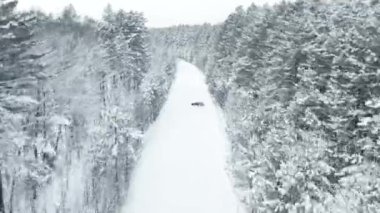 MOSCOW, RUSSIA - 13 DECEMBER 2020: Black luxury sports car is drifting in a snowy forest in winter. Drone view