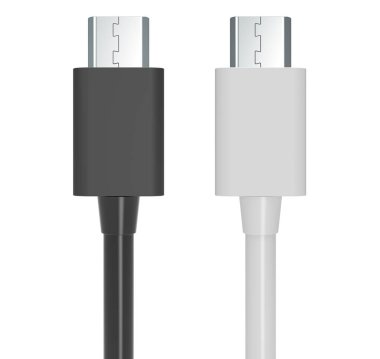 USB-C veri kablolarını yüklüyor, beyaz ve siyah renkler. Beyaz arkaplanda 3B görüntüleme izole edildi