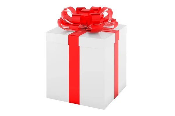 白色礼品盒 红色缎带和蝴蝶结 3D渲染 白色背景隔离 — 图库照片