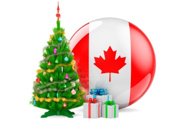 Kanada 'da Noel ve Yeni Yıl kavramı. Noel ağacı ve Kanada bayraklı hediye kutuları, beyaz arka planda 3 boyutlu görüntüleme