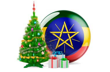 Etiyopya 'da Noel ve Yeni Yıl kavramı. Etiyopya bayrağı taşıyan Noel ağacı ve hediye kutuları, beyaz arkaplanda 3 boyutlu görüntüleme