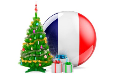 Fransa 'da Noel ve yeni yıl kavramı. Noel ağacı ve Fransız bayrağıyla hediye kutuları, beyaz arka planda 3 boyutlu görüntüleme