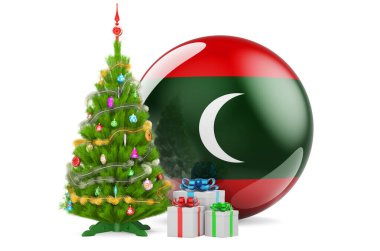 Maldivler 'de Noel ve Yeni Yıl konsepti. Noel ağacı ve hediye kutuları Maldivian bayrağıyla, 3 boyutlu görüntüleme beyaz arka planda