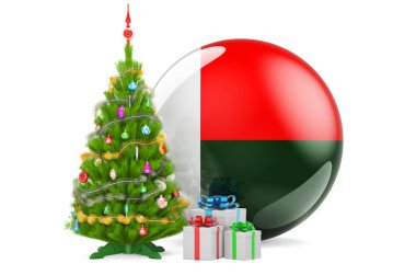 Madagaskar 'da Noel ve Yeni Yıl kavramı. Madagaskar bayrağı taşıyan Noel ağacı ve hediye kutuları, beyaz arka planda 3 boyutlu görüntüleme