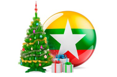 Myanmar 'da Noel ve Yeni Yıl kavramı. Noel ağacı ve hediye kutularında Myanmar bayrağı, beyaz arka planda 3 boyutlu görüntüleme