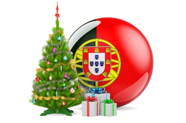 Portekiz 'de Noel ve Yeni Yıl kavramı. Noel ağacı ve hediye kutularında Portekiz bayrağı var. Beyaz arka planda 3 boyutlu görüntüleme.