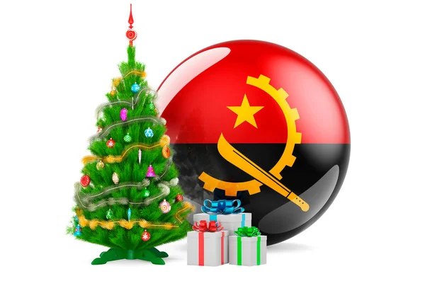 Kerstmis Nieuwjaar Angola Concept Kerstboom Geschenkdozen Met Angolese Vlag Weergave — Stockfoto