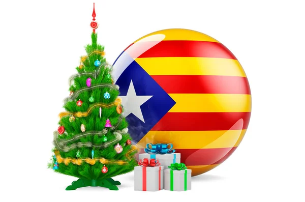 Katalonya Noel Yeni Yıl Konsepti Noel Ağacı Katalan Bayraklı Hediye — Stok fotoğraf