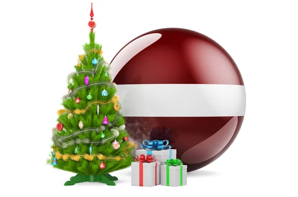Letonya Noel Yeni Yıl Kavramı Noel Ağacı Letonya Bayraklı Hediye — Stok fotoğraf