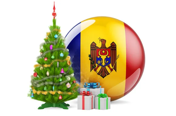 Boże Narodzenie Nowy Rok Mołdawii Koncepcja Choinka Pudełka Flagą Mołdawii — Zdjęcie stockowe