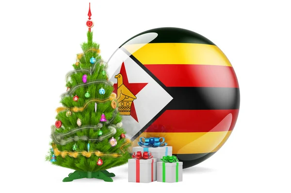 크리스마스와 새해가 짐바브웨에서는 컨셉이죠 크리스마스 트리와 상자에 짐바브웨 배경에 렌더링 — 스톡 사진