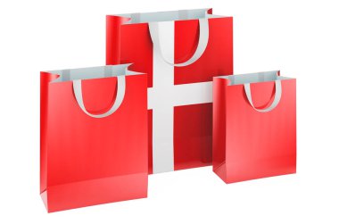 İçinde Danimarka bayrağı olan alışveriş torbaları. Danimarka 'dan alışveriş, konsept. Beyaz arkaplanda 3B görüntüleme izole edildi
