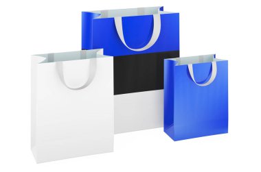 İçinde Estonya bayrağı olan alışveriş torbaları. Estonya 'da alışveriş, konsept. Beyaz arkaplanda 3B görüntüleme izole edildi
