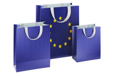 Avrupa bayrağıyla alışveriş torbaları. Avrupa Birliği 'nde alışveriş, konsept. Beyaz arkaplanda 3B görüntüleme izole edildi